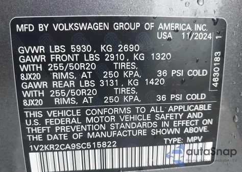 2025 Volkswagen Atlas 2.0T Se W/Technology из США, поврежденный, VIN 1V2KR2CA9SC515822